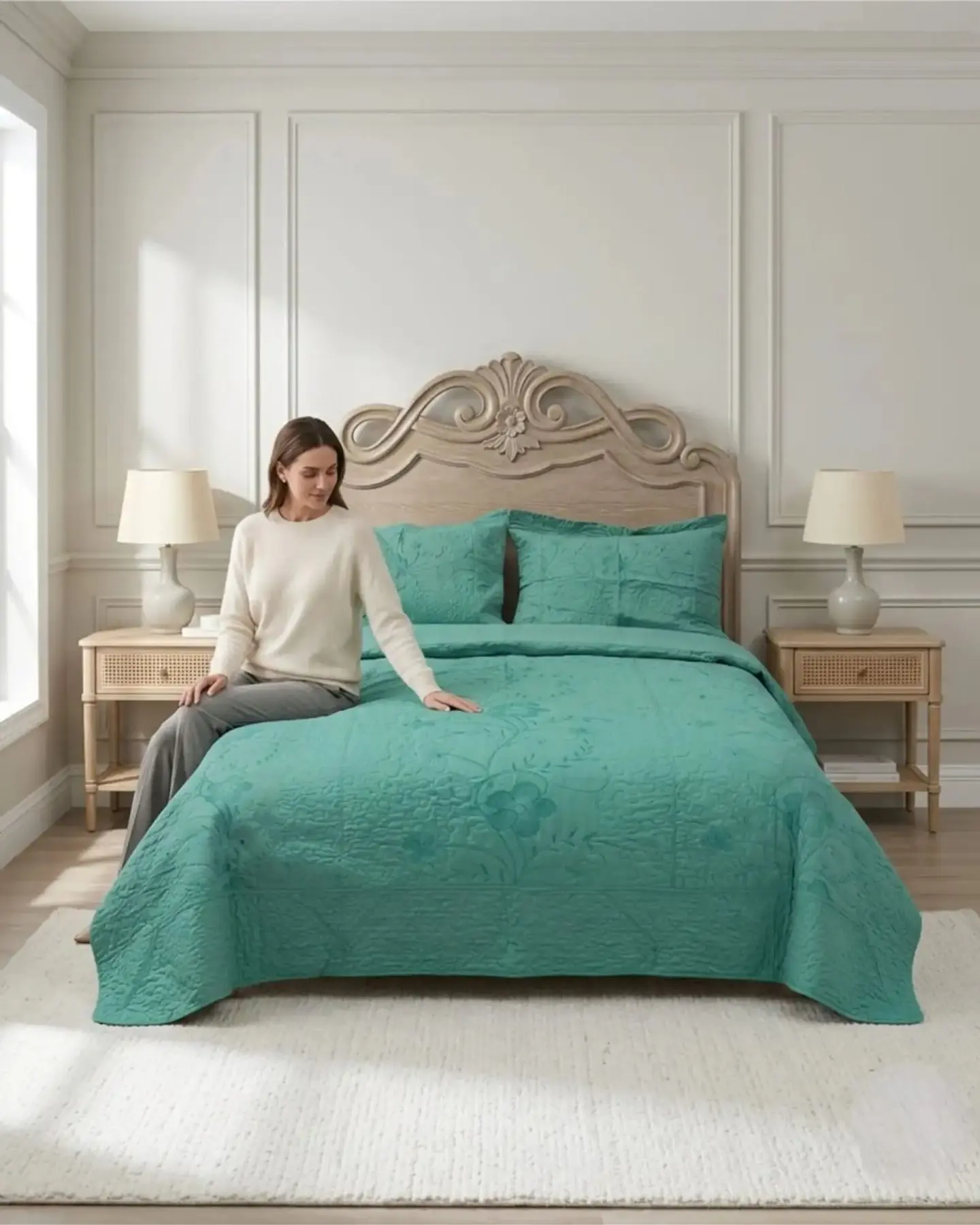 Cubrecama Quilt Verano 2 Plazas Bordado Floral Set Colcha Delgado 4