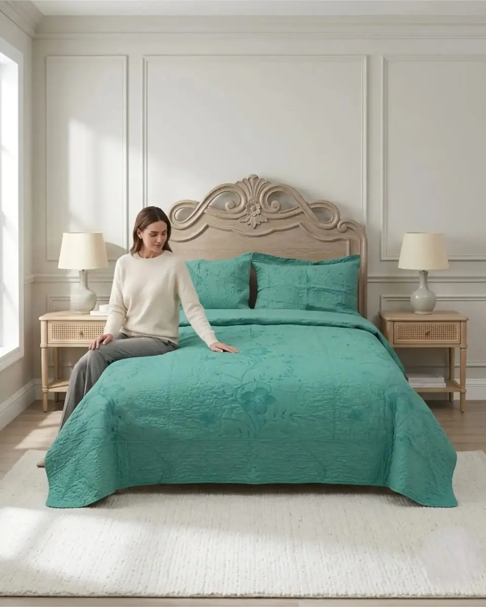 Cubrecama Quilt Verano 2 Plazas Bordado Floral Set Colcha Delgado 4