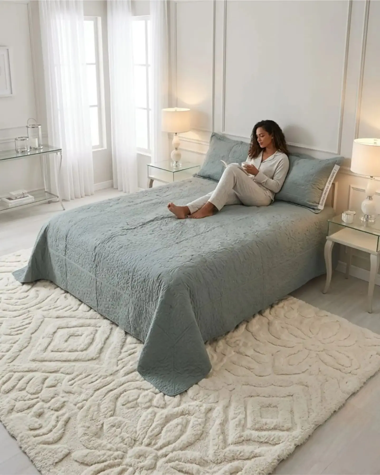 Cubrecama Quilt Verano 2 Plazas Bordado Floral Set Colcha Delgado 2
