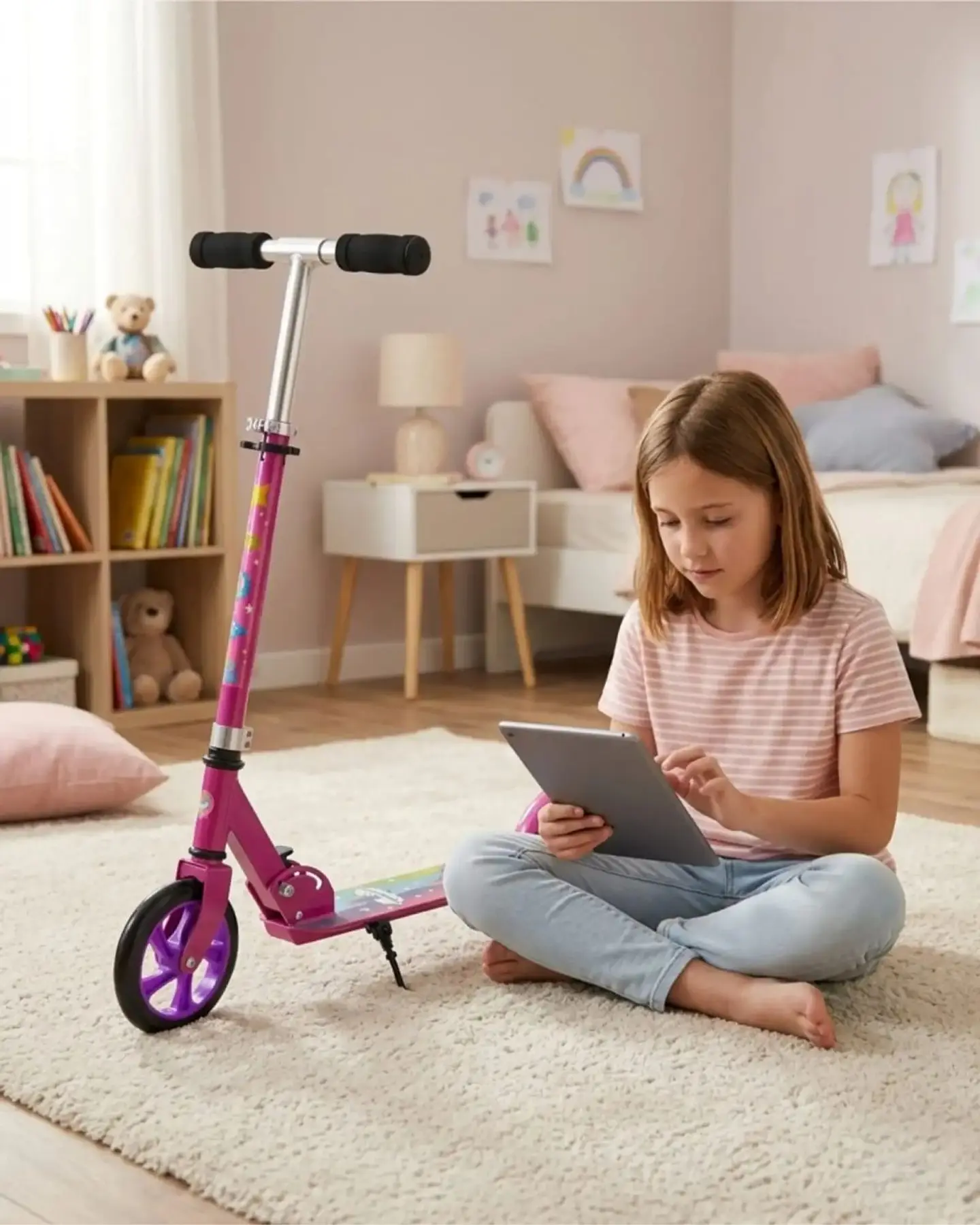 Scooter Infantil Ajustable y Plegable Con Pata De Apoyo Rosado 1