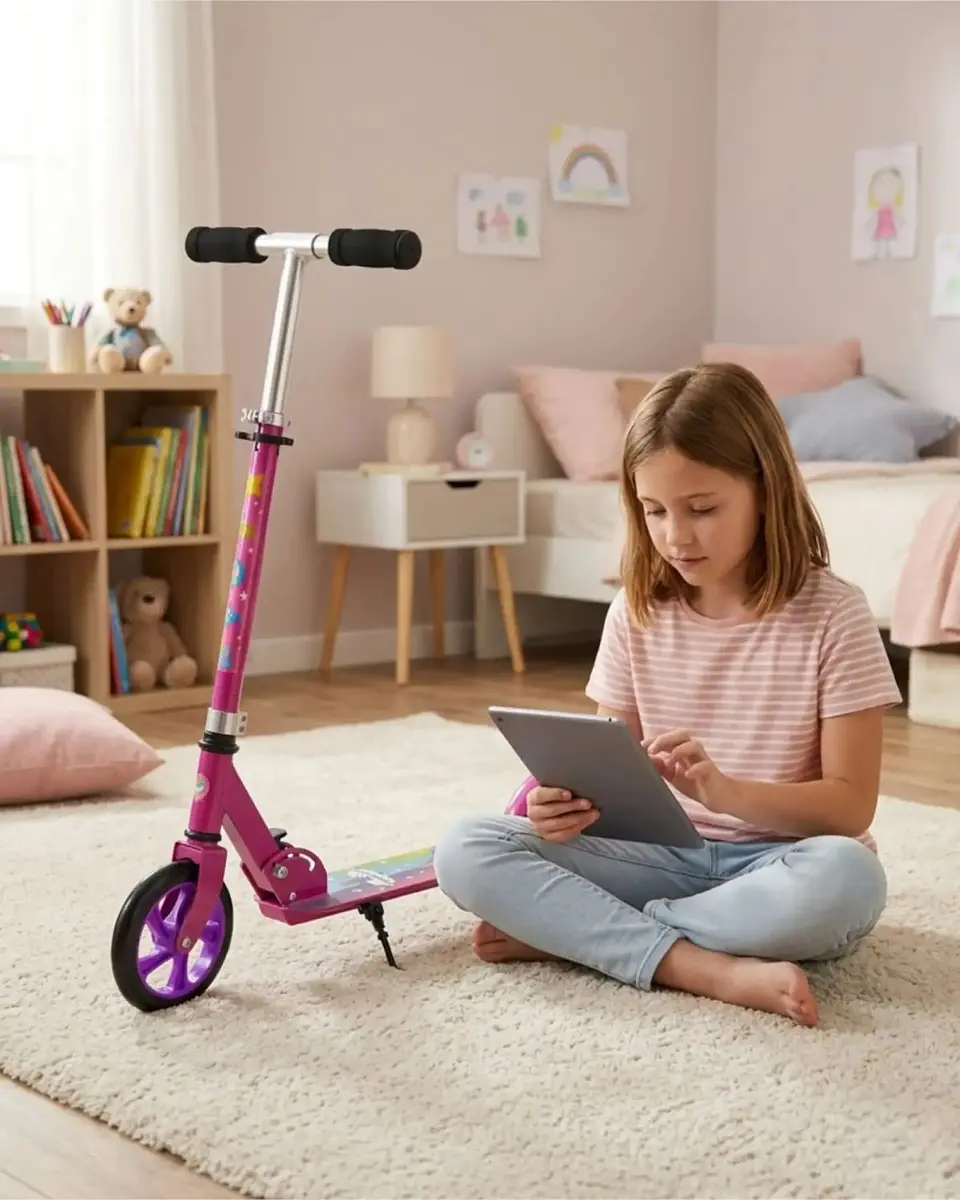 Scooter Infantil Ajustable y Plegable Con Pata De Apoyo Rosado 1