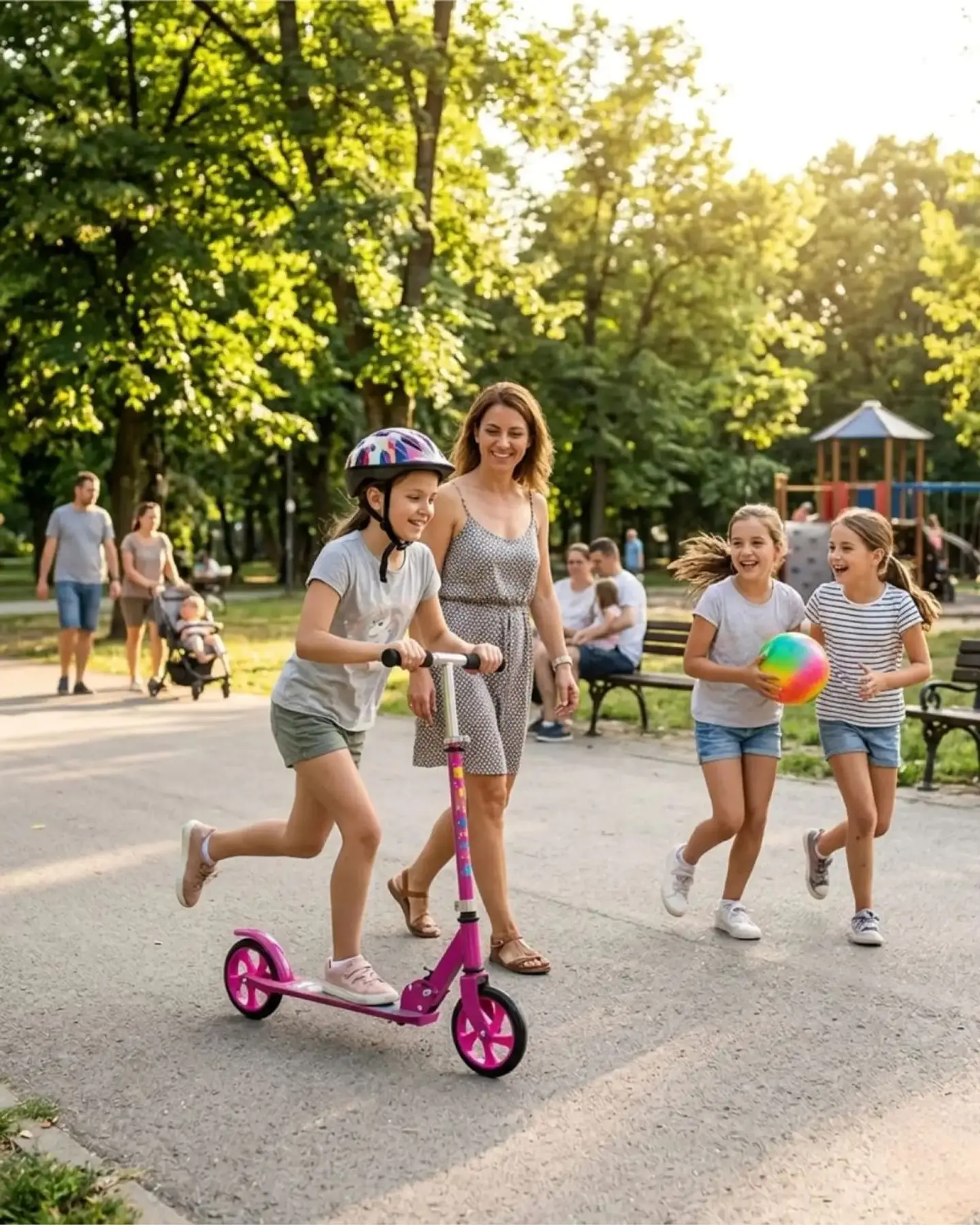 Scooter Infantil Ajustable y Plegable Con Pata De Apoyo Rosado 3