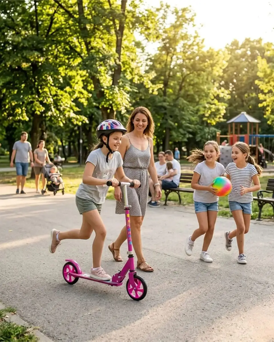 Scooter Infantil Ajustable y Plegable Con Pata De Apoyo Rosado 3