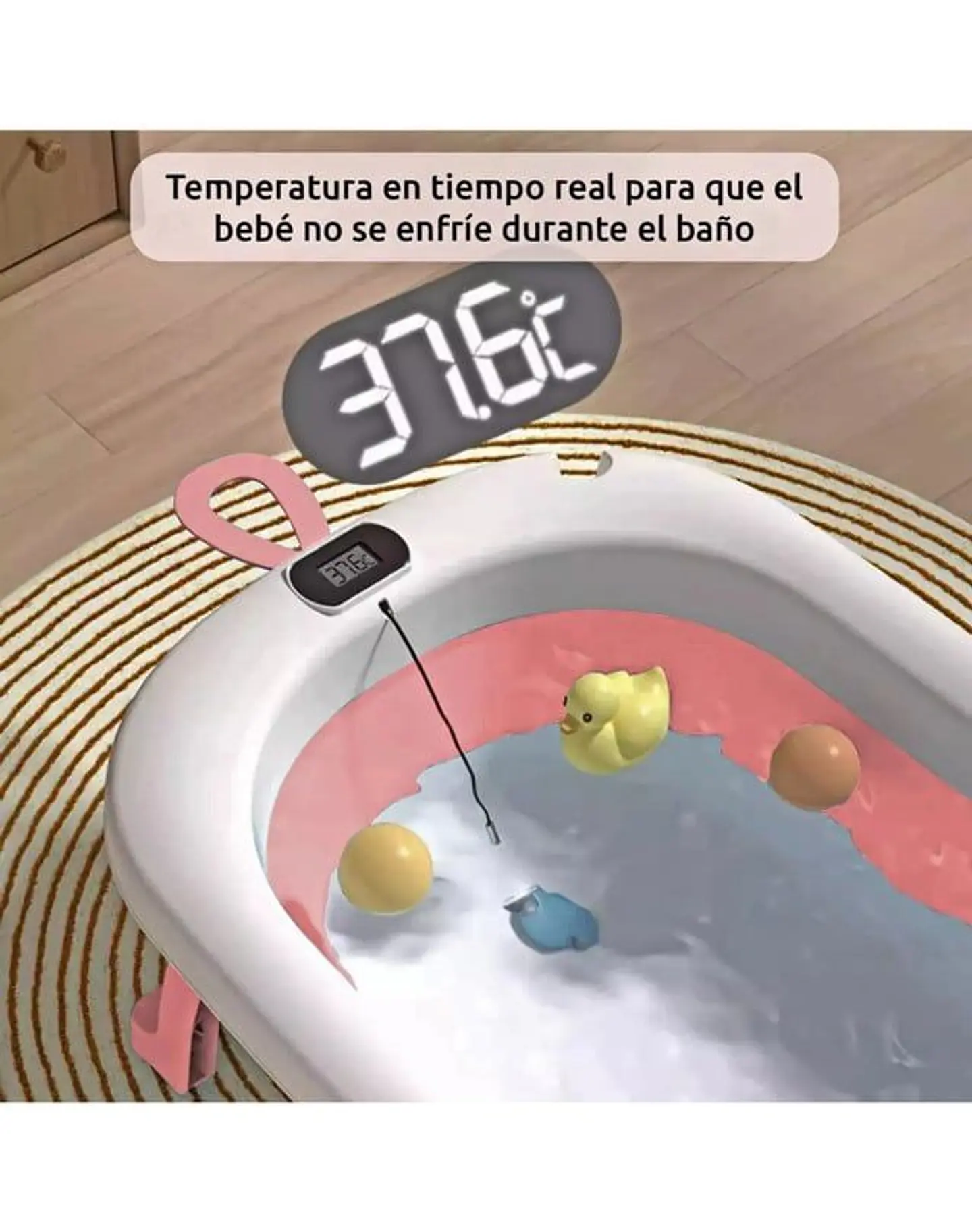 Bañera Plegable de Bebe con Termometro y Cojin Rosa 4