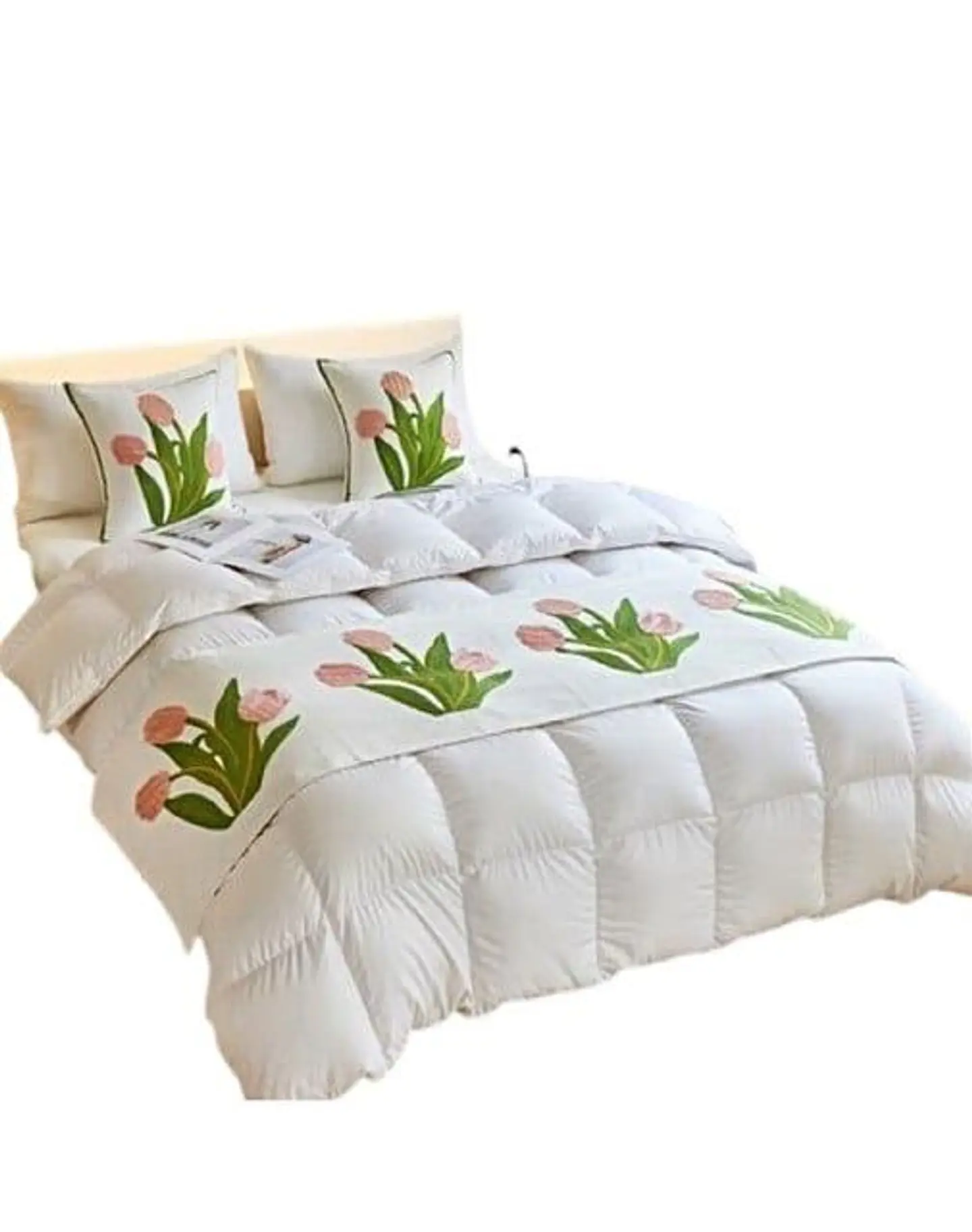 JUEGO DE PIECERA DE CAMA CON 2 COJINES COMPLETOS CON BORDADO T02 1