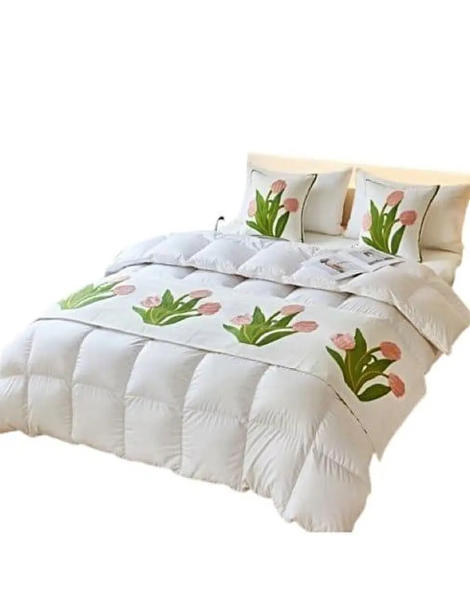 JUEGO DE PIECERA DE CAMA CON 2 COJINES COMPLETOS CON BORDADO T02 2