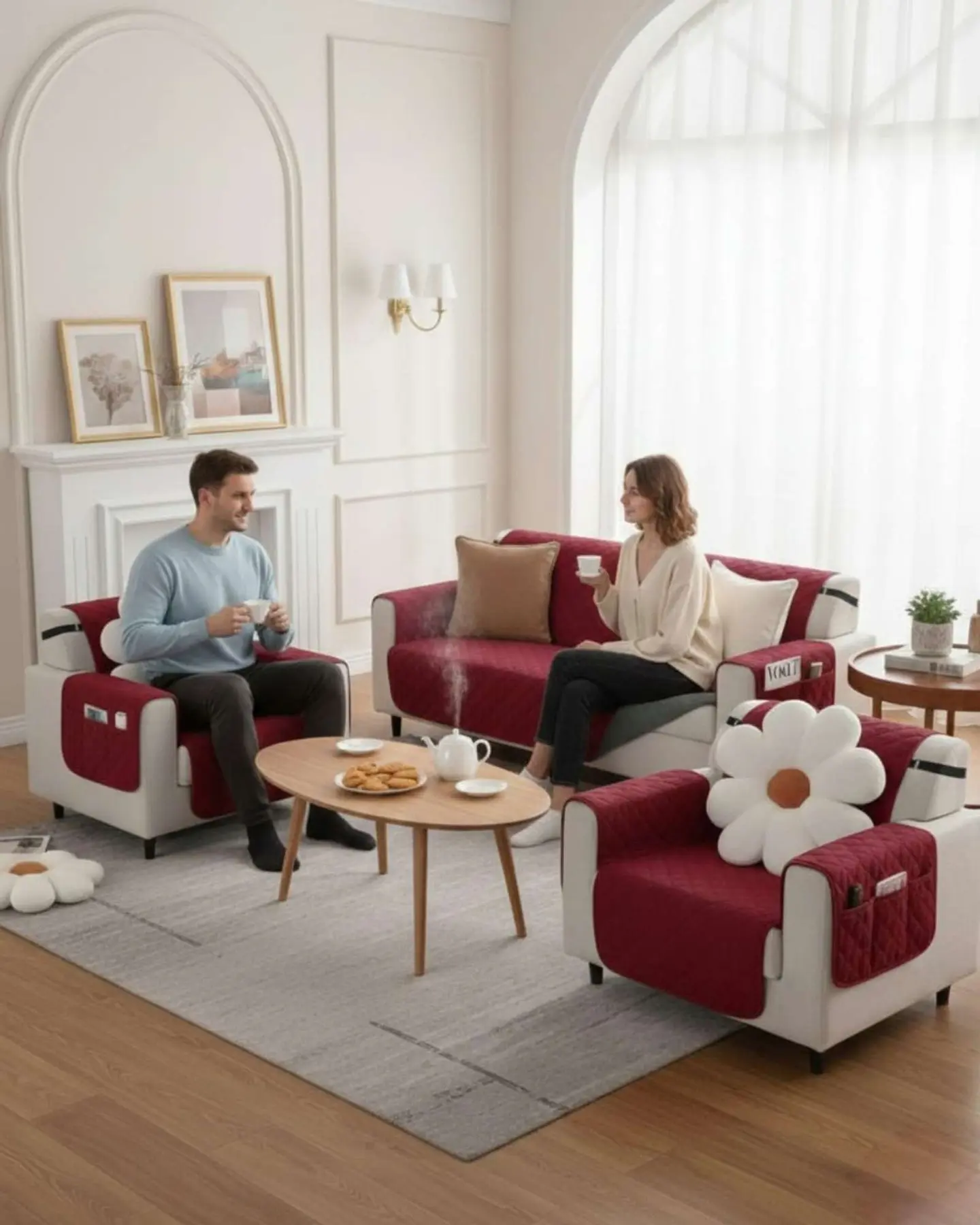 Juegos 3+1+1 de Cubre sillon reversibles con bolsas 5