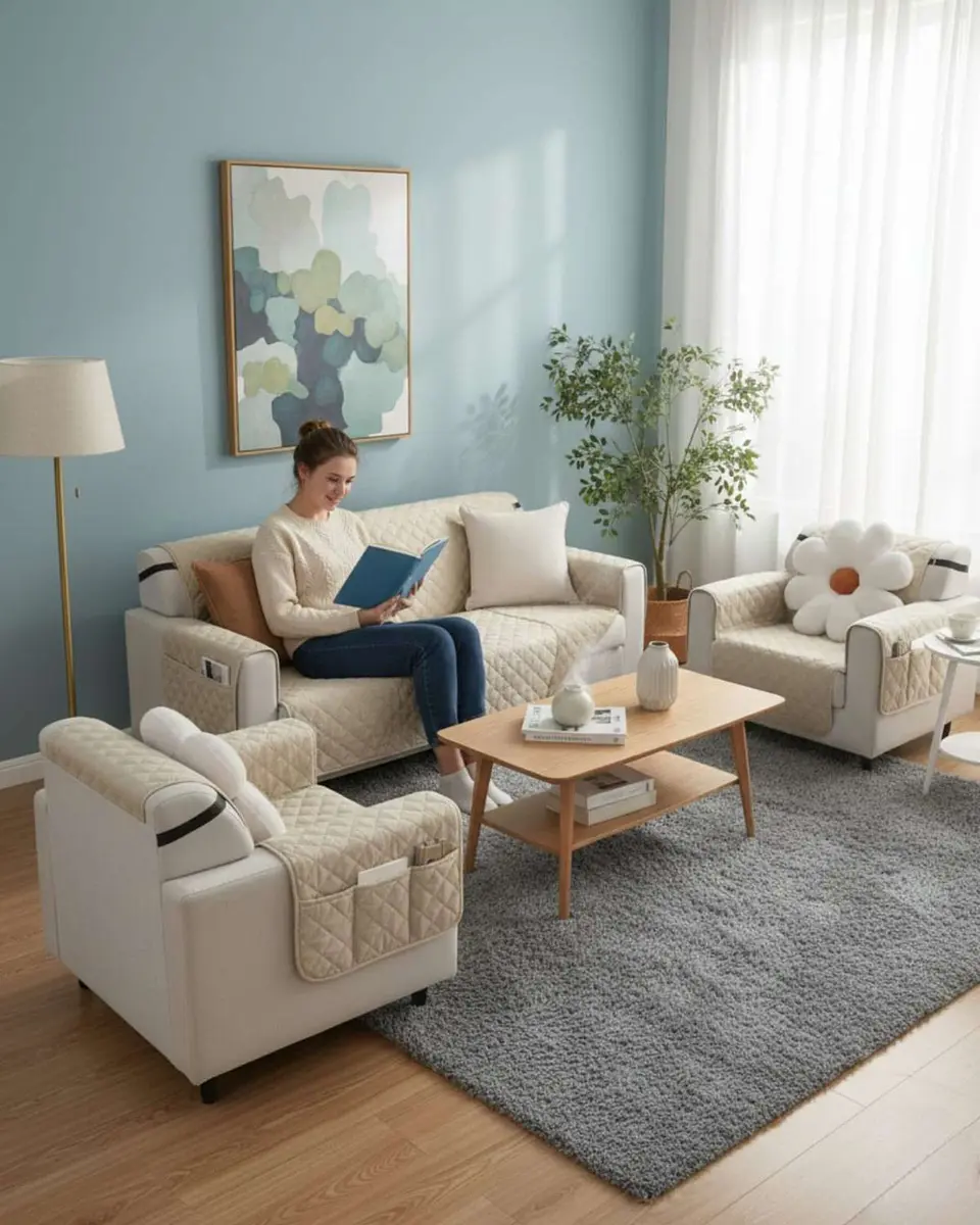Juegos 3+1+1 de Cubre sillon reversibles con bolsas 6