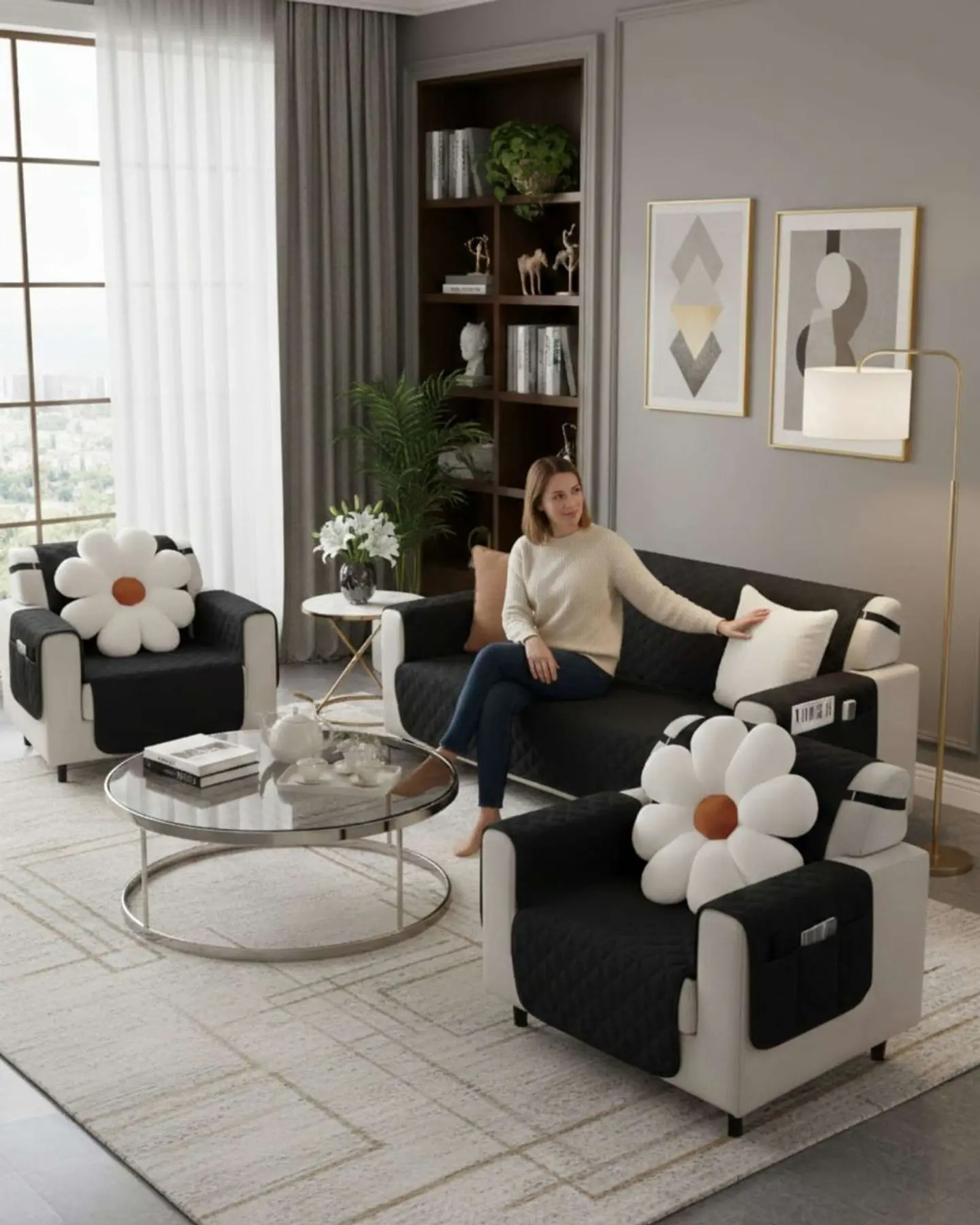Juegos 3+1+1 de Cubre sillon reversibles con bolsas 5