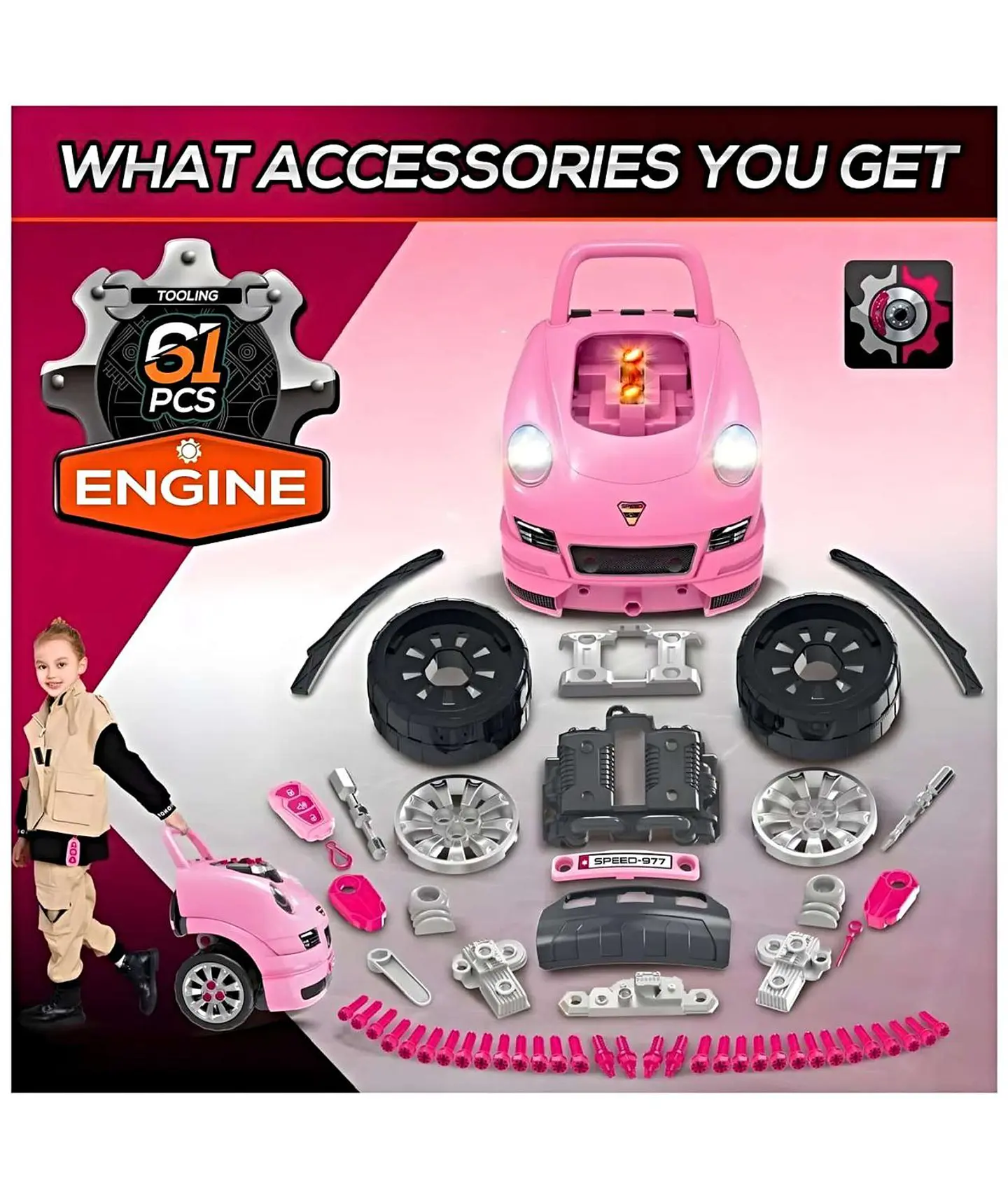 Juguete Auto Para Reparar Con Luces Sonidos Y Accesorios Rosa 5