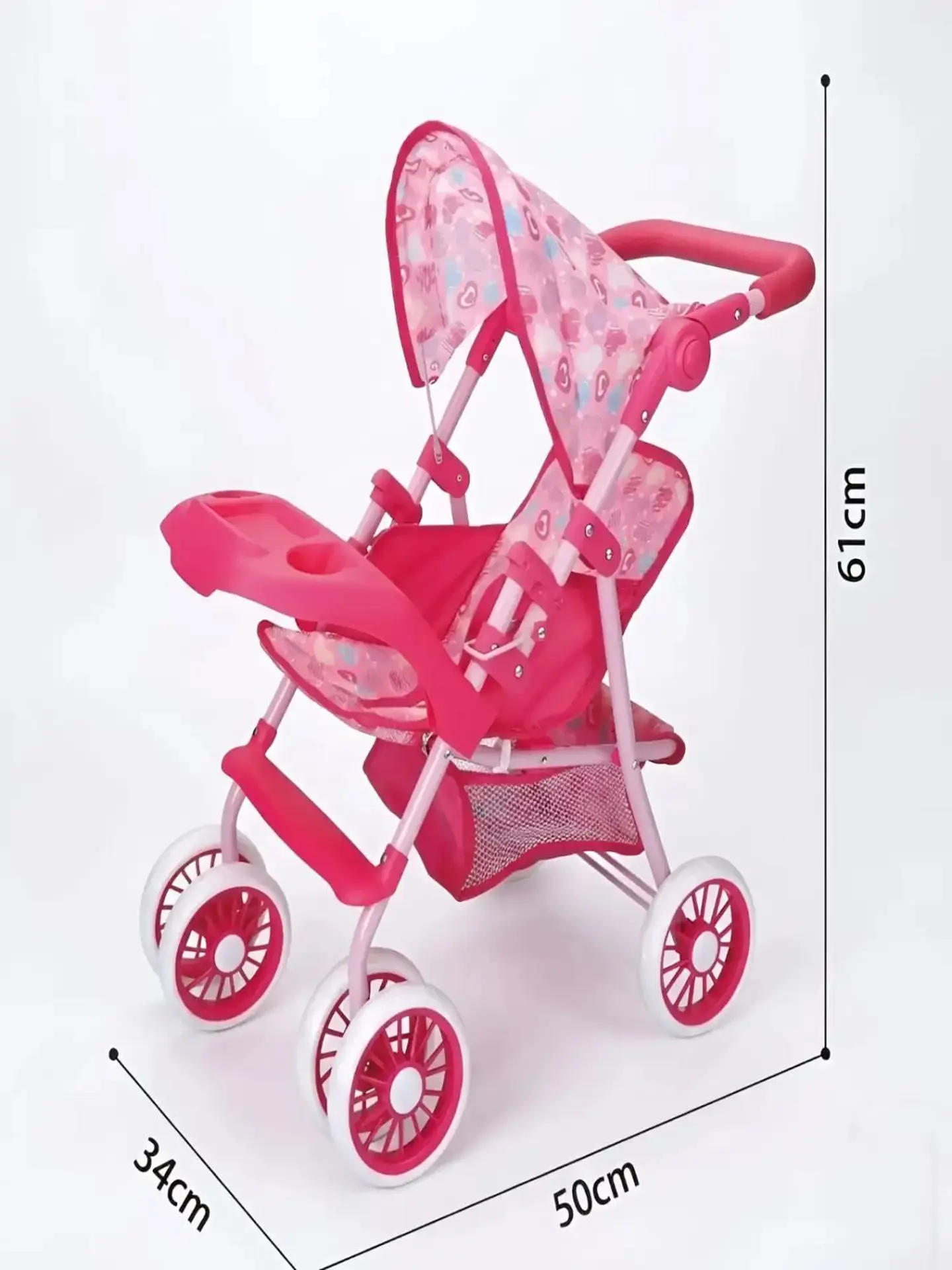 Coche de Juguete para Muñecas con Toldo Plegable y Bandeja Rosado Diseño Lineal 6