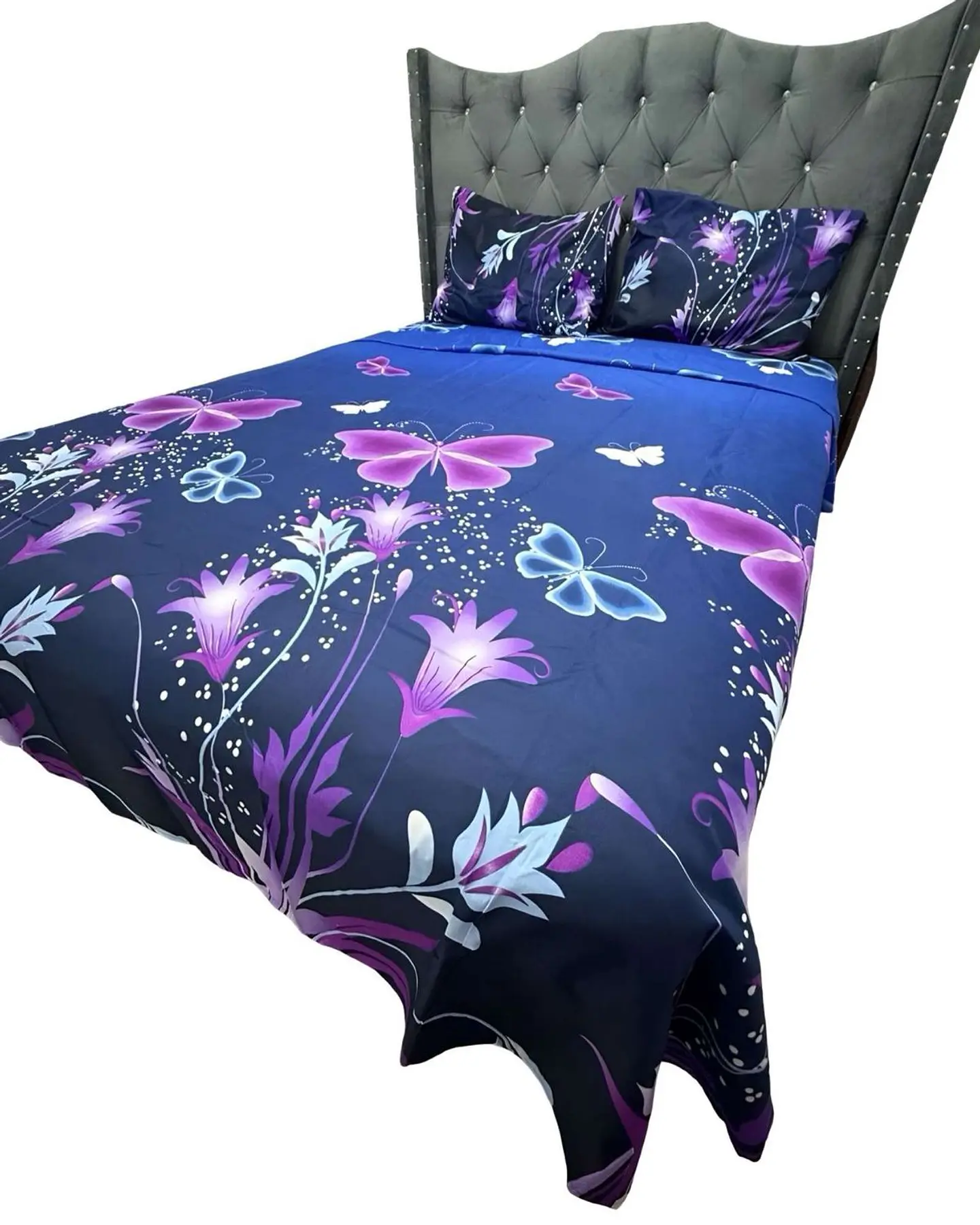SABANA DE GÉNERO KING AZUL MARIPOSAS MORADAS 3