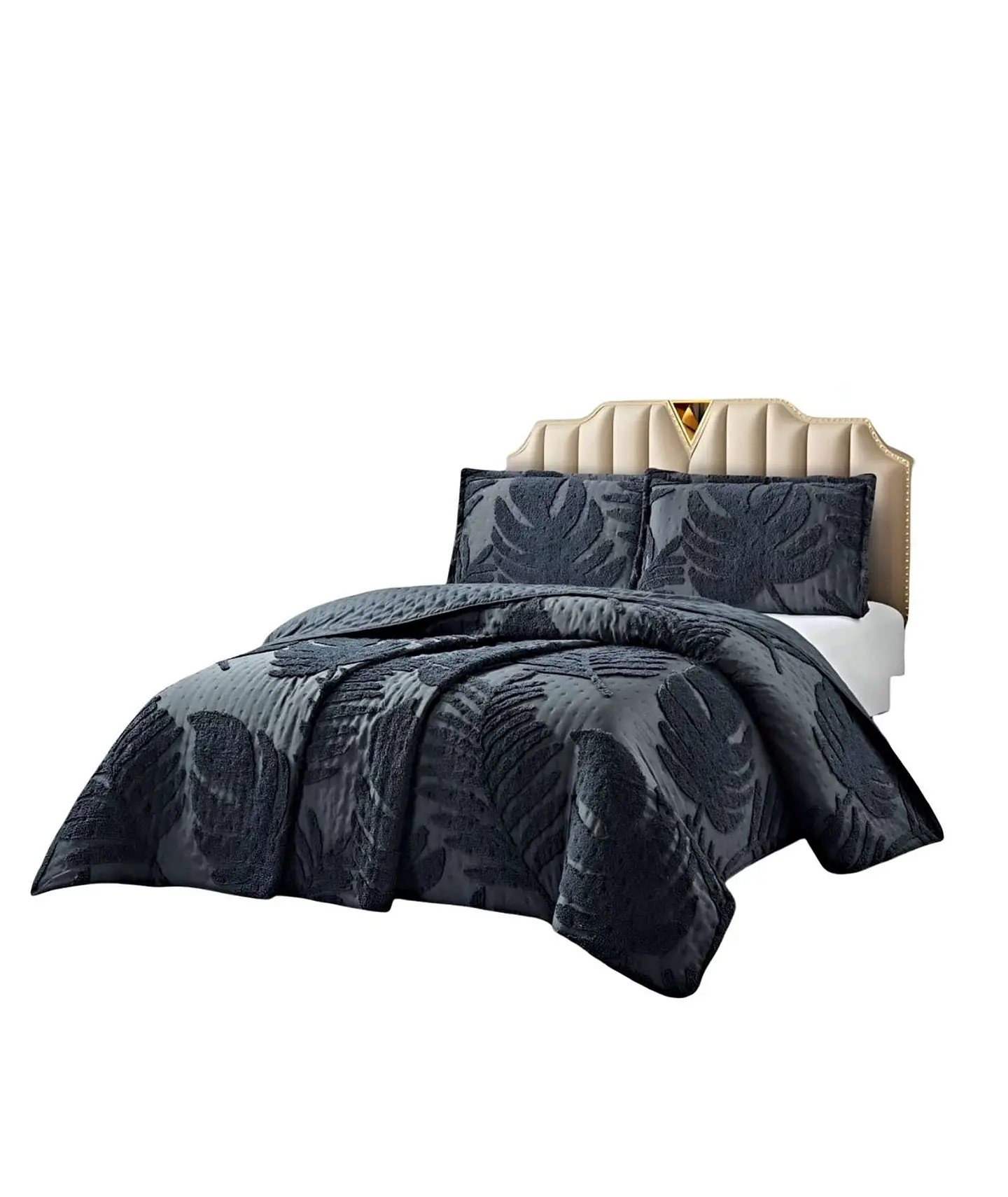 CUBRECAMA QUILT VERANO HOJA TUFTING PLAZA Y MEDIA GRIS 2