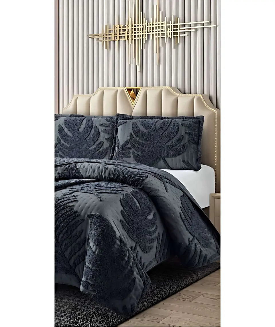 CUBRECAMA QUILT VERANO HOJA TUFTING PLAZA Y MEDIA GRIS 3