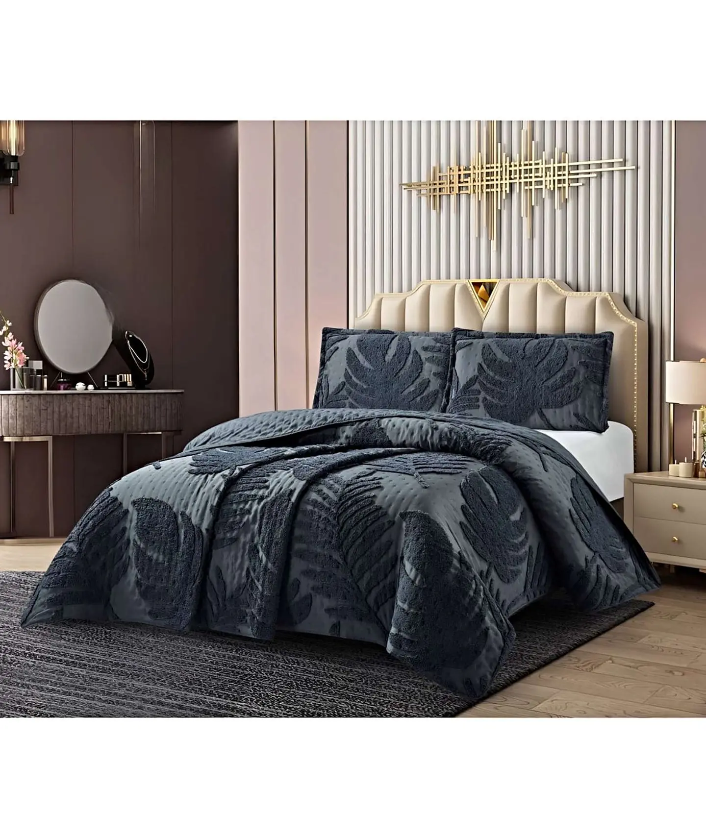 CUBRECAMA QUILT VERANO HOJA TUFTING PLAZA Y MEDIA GRIS 4