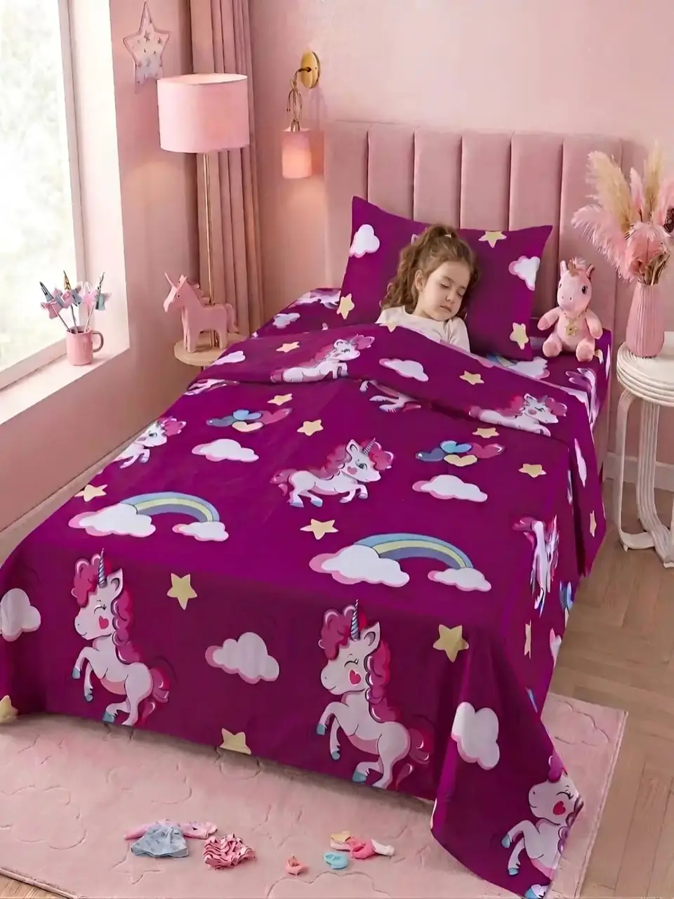 Juego De Sábanas Microfibra 1,5 Plazas Diseño Unicornio 1