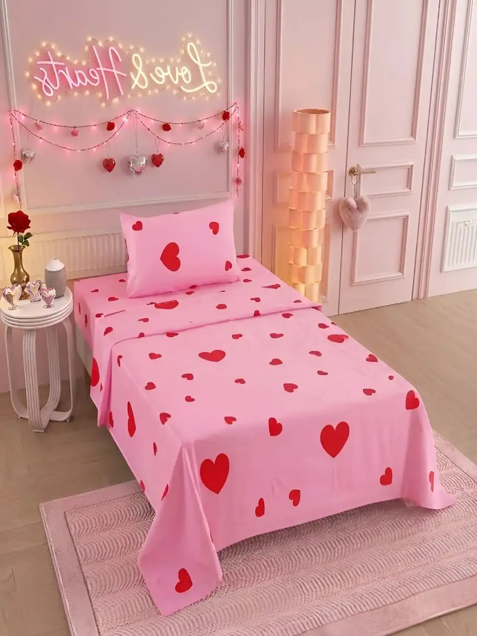 Juego De Sábanas Microfibra 1,5 Plazas Diseño Corazones 7