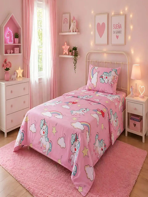 Juego De Sábanas Microfibra 1,5 Plazas Diseño Unicornio
