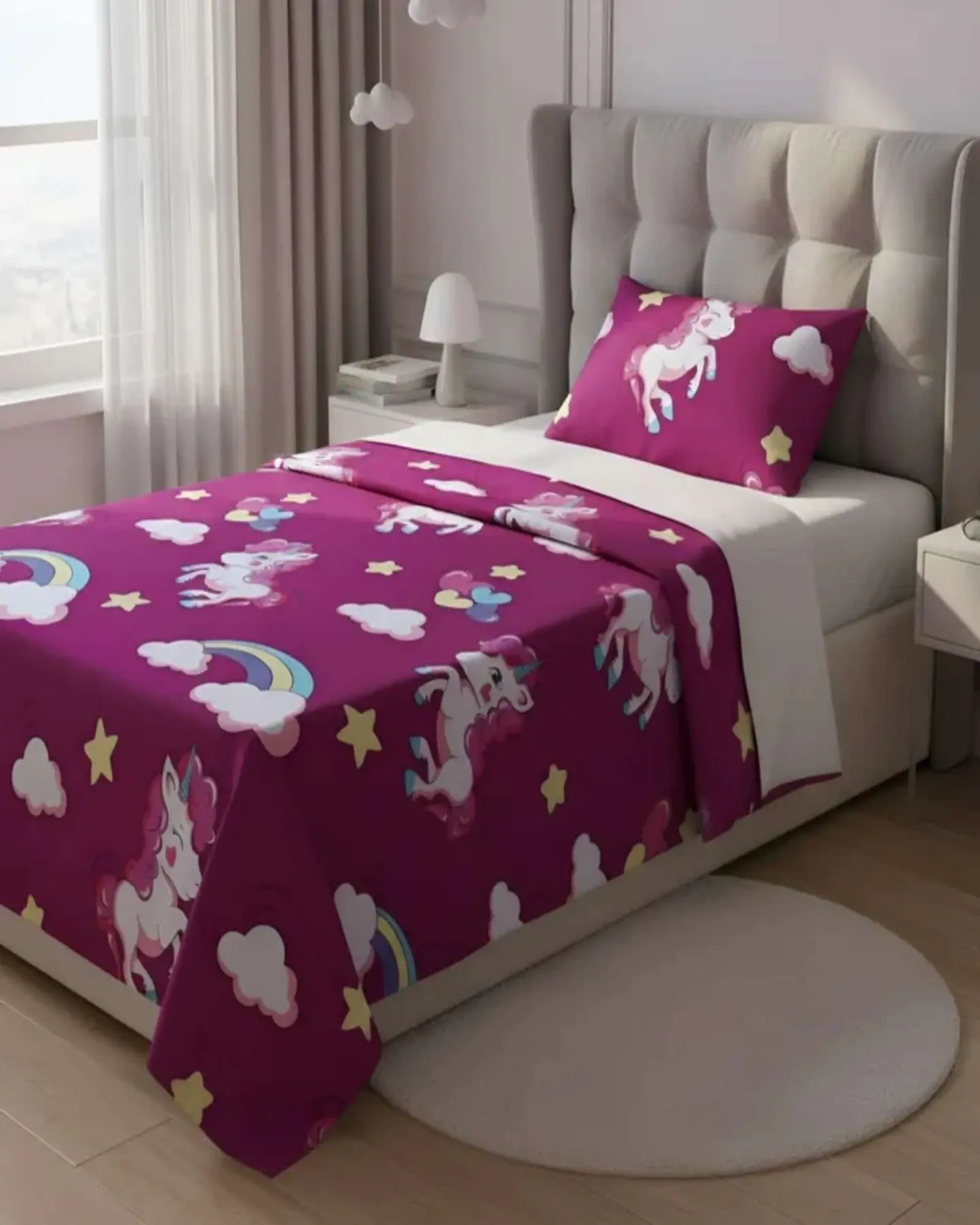 Juego de Sabanas de verano Unicornio niña Infantil plaza y media  MAS 1 ALMOHADA 1