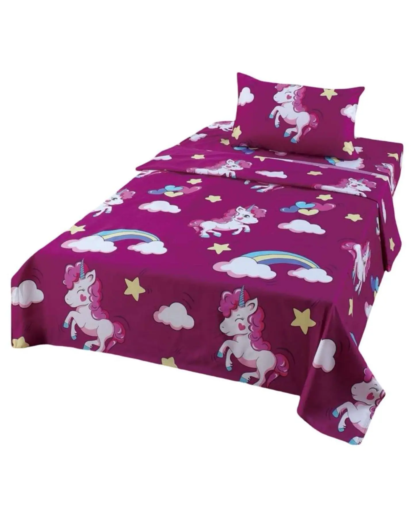 Juego de Sabanas de verano Unicornio niña Infantil plaza y media  MAS 1 ALMOHADA 4