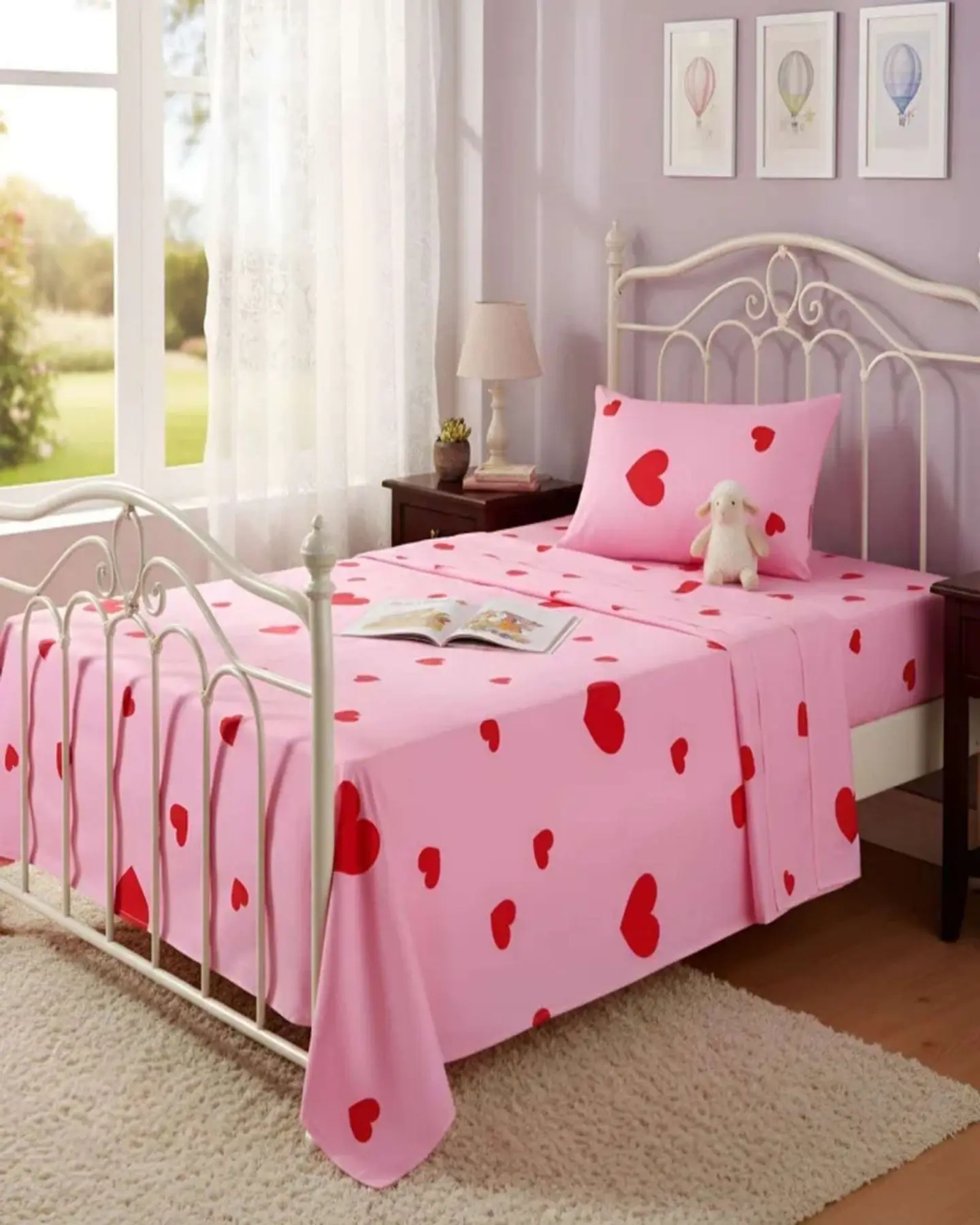 Juego de Sabanas de verano Corazón niña Infantil plaza y media  MAS 1 ALMOHADA 1