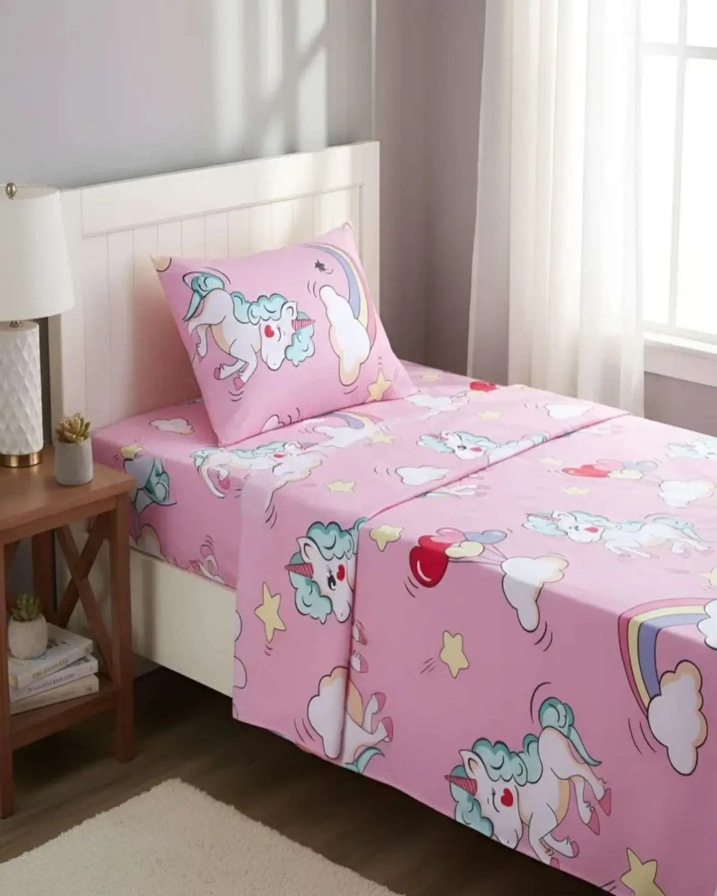 Juego de Sabanas de verano Unicornio niña Infantil plaza y media  MAS 1 ALMOHADA 1