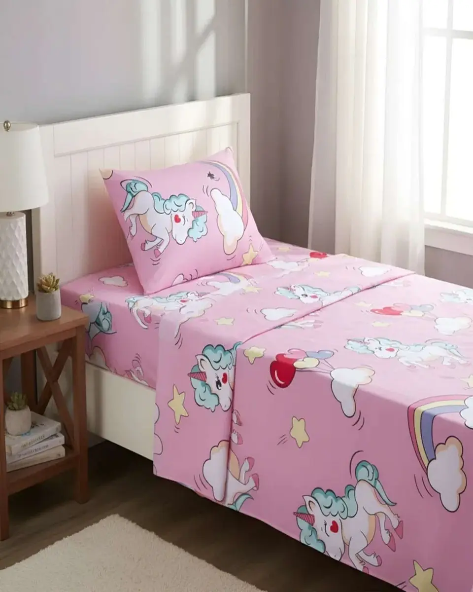 Juego de Sabanas de verano Unicornio niña Infantil plaza y media  MAS 1 ALMOHADA 1