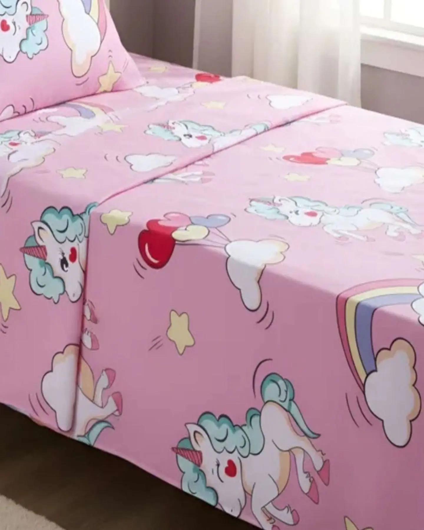 Juego de Sabanas de verano Unicornio niña Infantil plaza y media  MAS 1 ALMOHADA 3