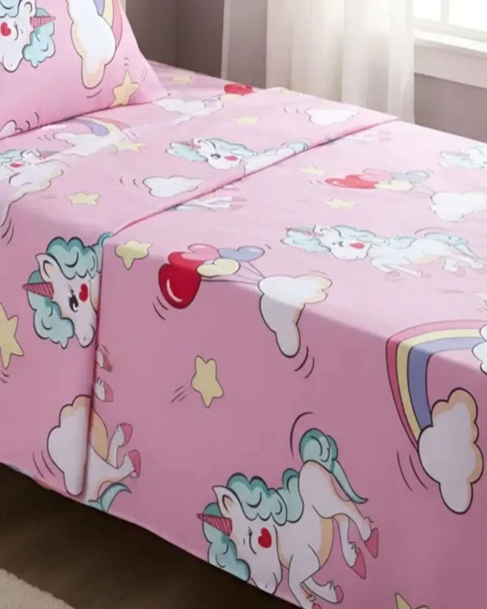 Juego de Sabanas de verano Unicornio niña Infantil plaza y media  MAS 1 ALMOHADA 3
