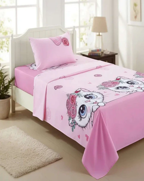 Juego de Sabanas de verano Gatita niña Infantil plaza y media  MAS 1 ALMOHADA