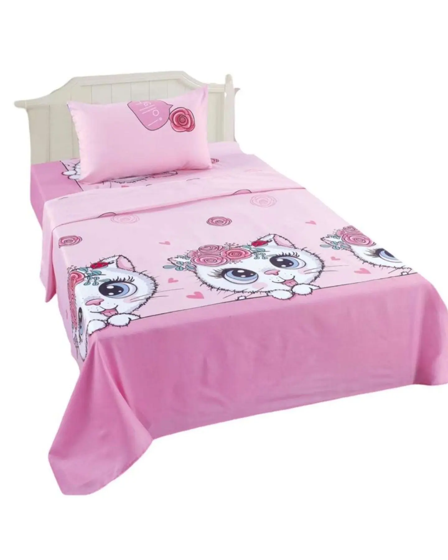 Juego de Sabanas de verano Gatita niña Infantil plaza y media  MAS 1 ALMOHADA 2