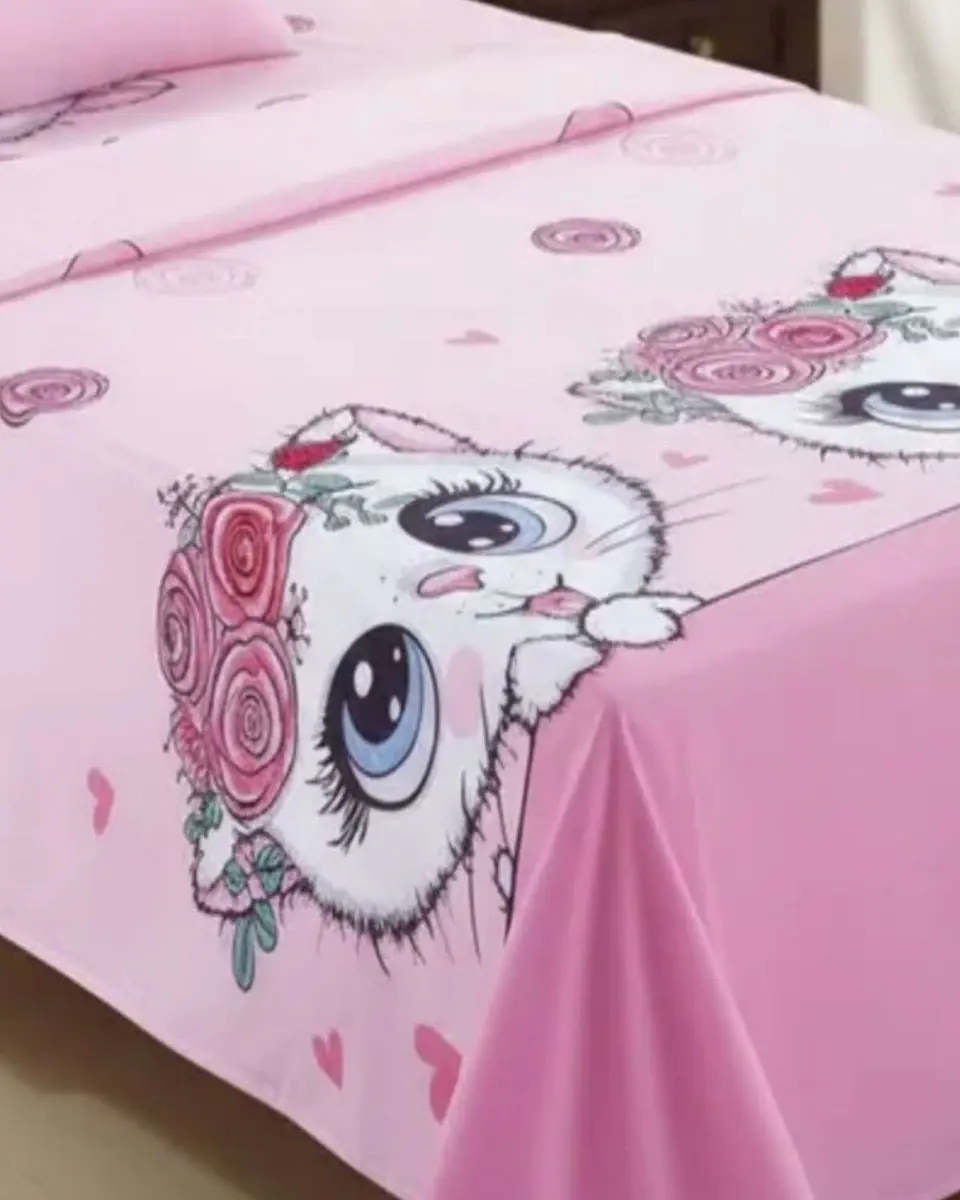 Juego de Sabanas de verano Gatita niña Infantil plaza y media  MAS 1 ALMOHADA 3