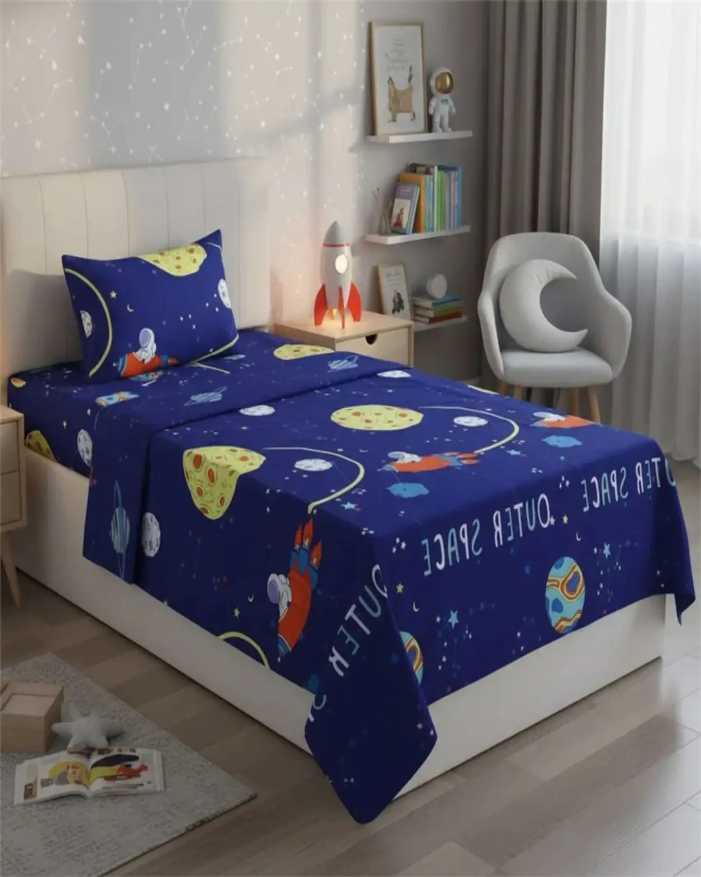 Juego de Sabanas de verano Planeta Astronauta Infantil plaza y media  MAS 1 ALMOHADA 1