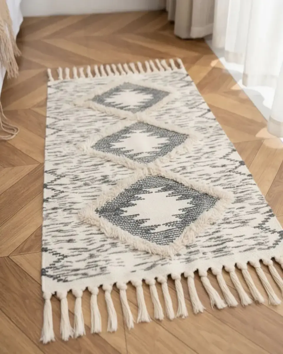 Alfombra de Lino Bajada de Cama estilo Boho medida 60 cm x 90 cm 1