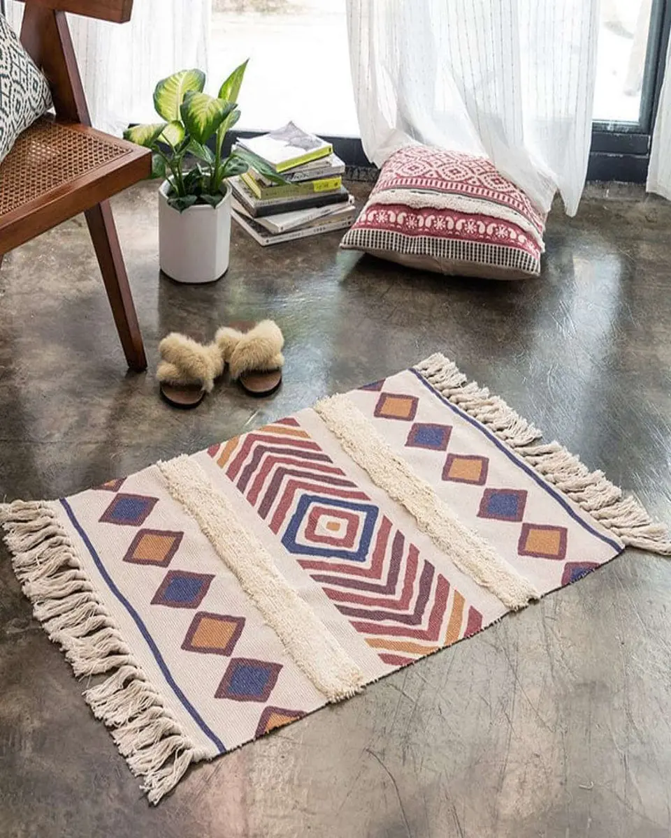 Alfombra de Lino Bajada de Cama estilo Boho medida 60 cm x 90 cm 1