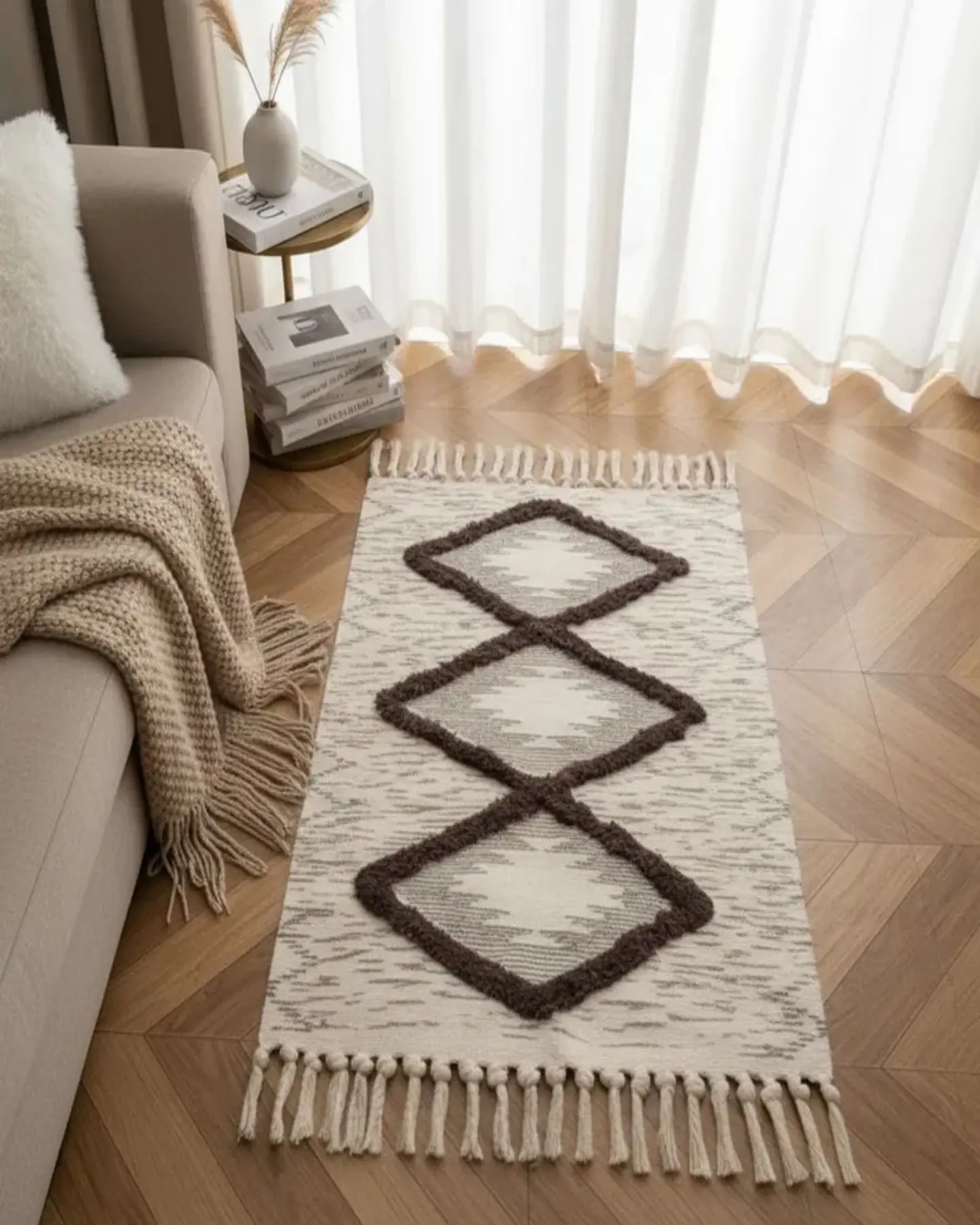 Alfombra de Lino Bajada de Cama estilo Boho medida 60 cm x 90 cm 1
