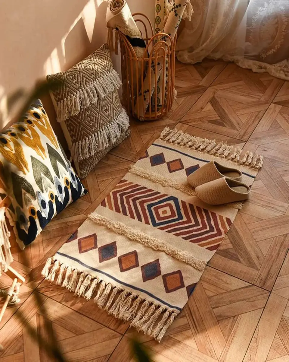 Pack de 2 Alfombra de Lino Bajada de Cama estilo Boho medida 60 cm x 90 cm 2