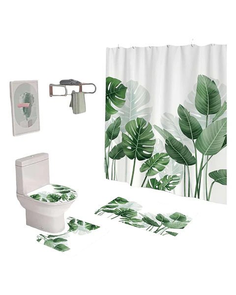 Juego 5 piezas con Cortina de baño de Tela Poliéster y  Forro de Ducha de Plástico