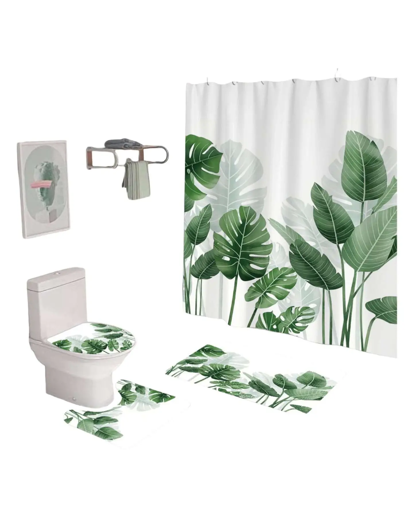 Juego 5 piezas con Cortina de baño de Tela Poliéster y  Forro de Ducha de Plástico 2