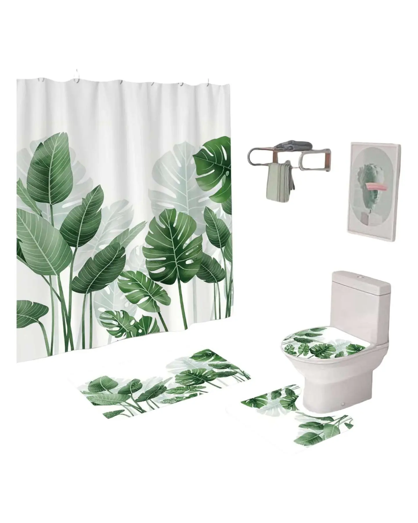 Juego 5 piezas con Cortina de baño de Tela Poliéster y  Forro de Ducha de Plástico 5