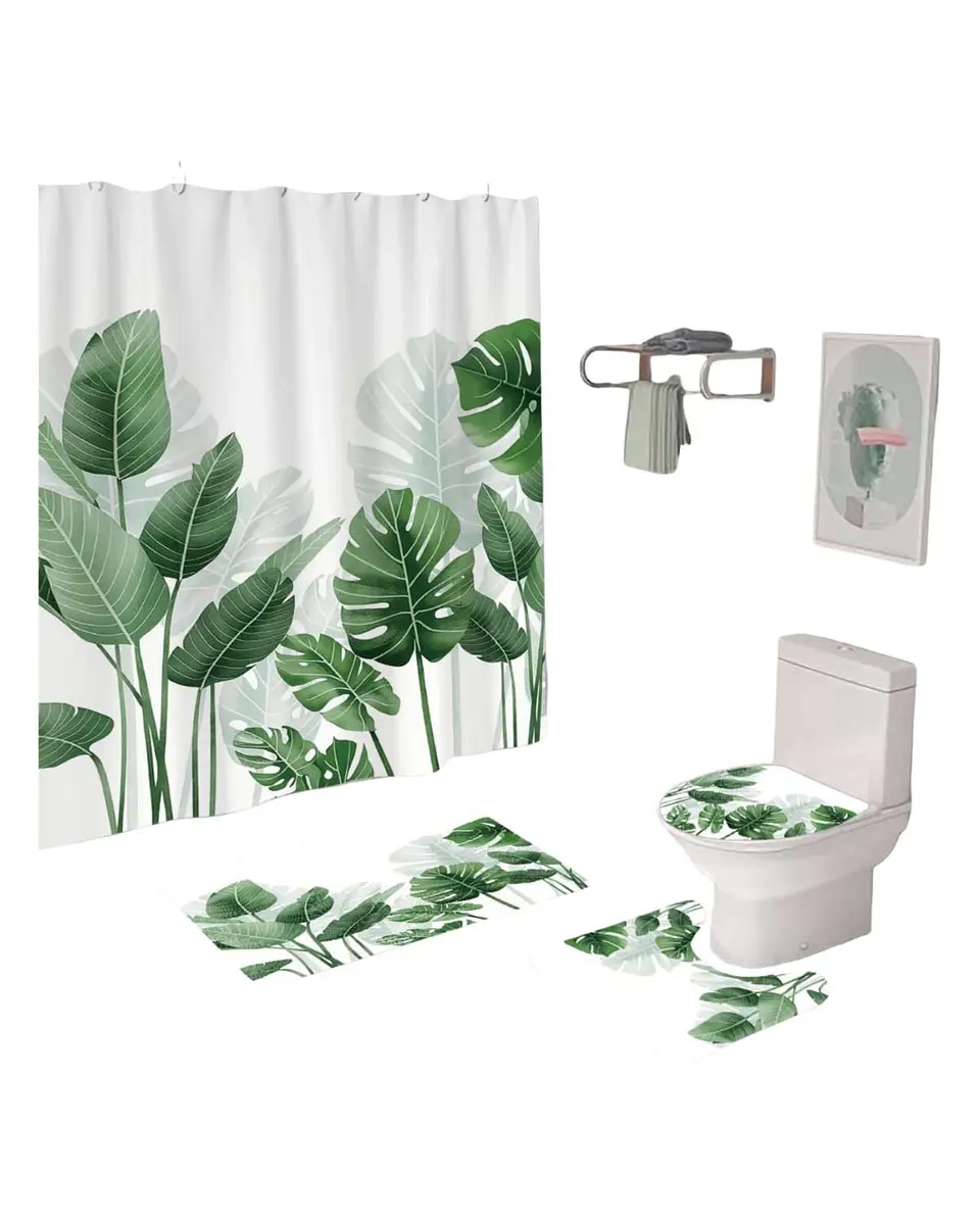 Juego 5 piezas con Cortina de baño de Tela Poliéster y  Forro de Ducha de Plástico 5