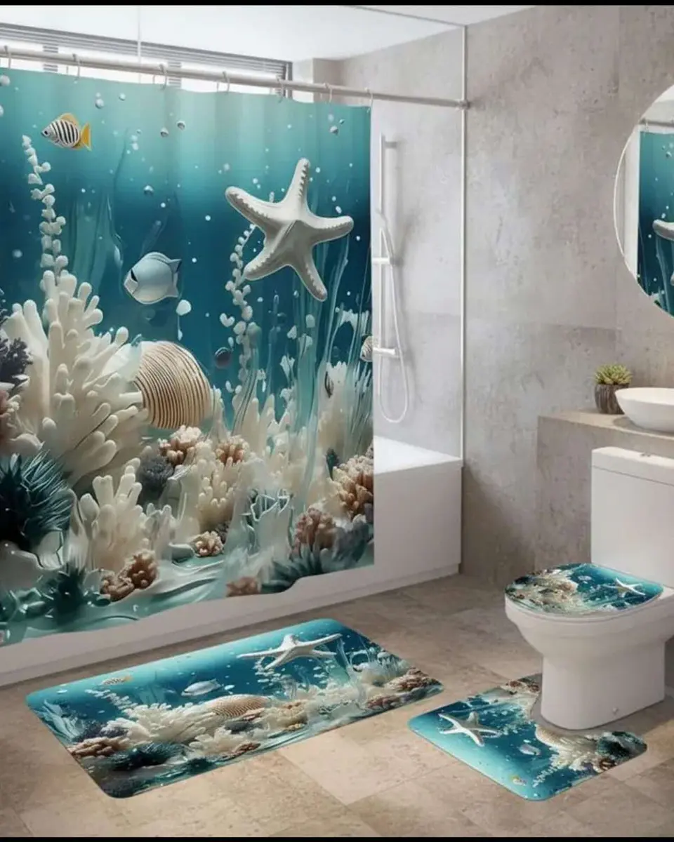 Juego 5 piezas con Cortina de baño de Tela Poliéster y  Forro de Ducha de Plástico 1