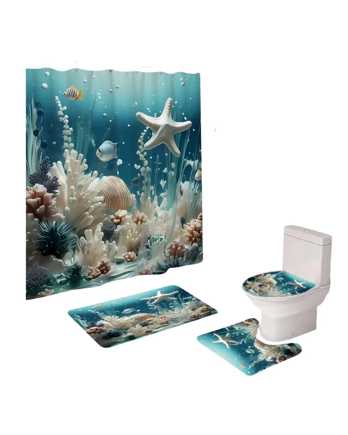 Juego 5 piezas con Cortina de baño de Tela Poliéster y  Forro de Ducha de Plástico 2