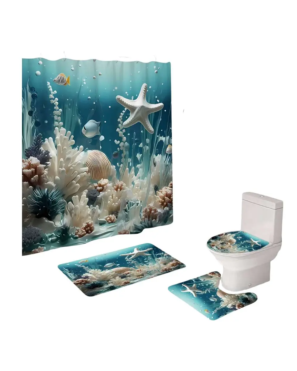 Juego 5 piezas con Cortina de baño de Tela Poliéster y  Forro de Ducha de Plástico 2