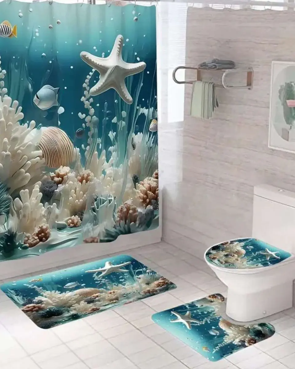 Juego 5 piezas con Cortina de baño de Tela Poliéster y  Forro de Ducha de Plástico 3