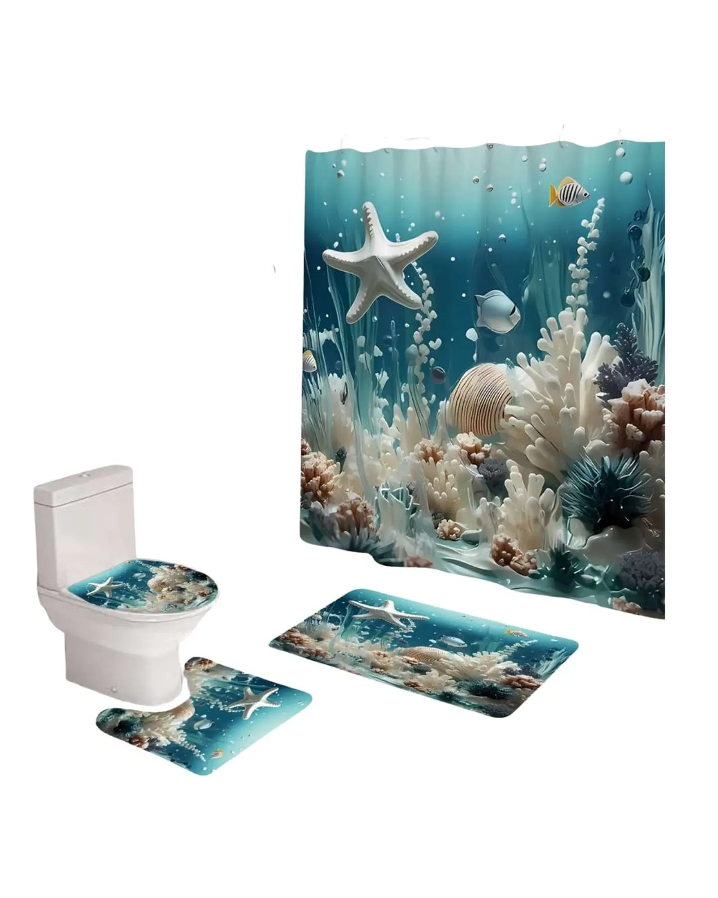 Juego 5 piezas con Cortina de baño de Tela Poliéster y  Forro de Ducha de Plástico 5