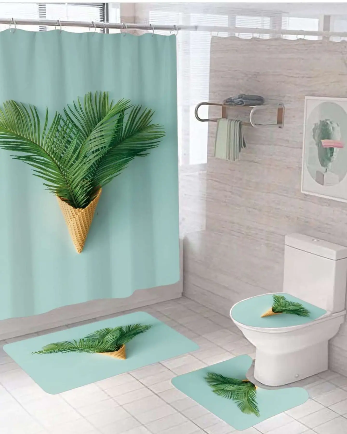 Juego 5 piezas con Cortina de baño de Tela Poliéster y  Forro de Ducha de Plástico 1