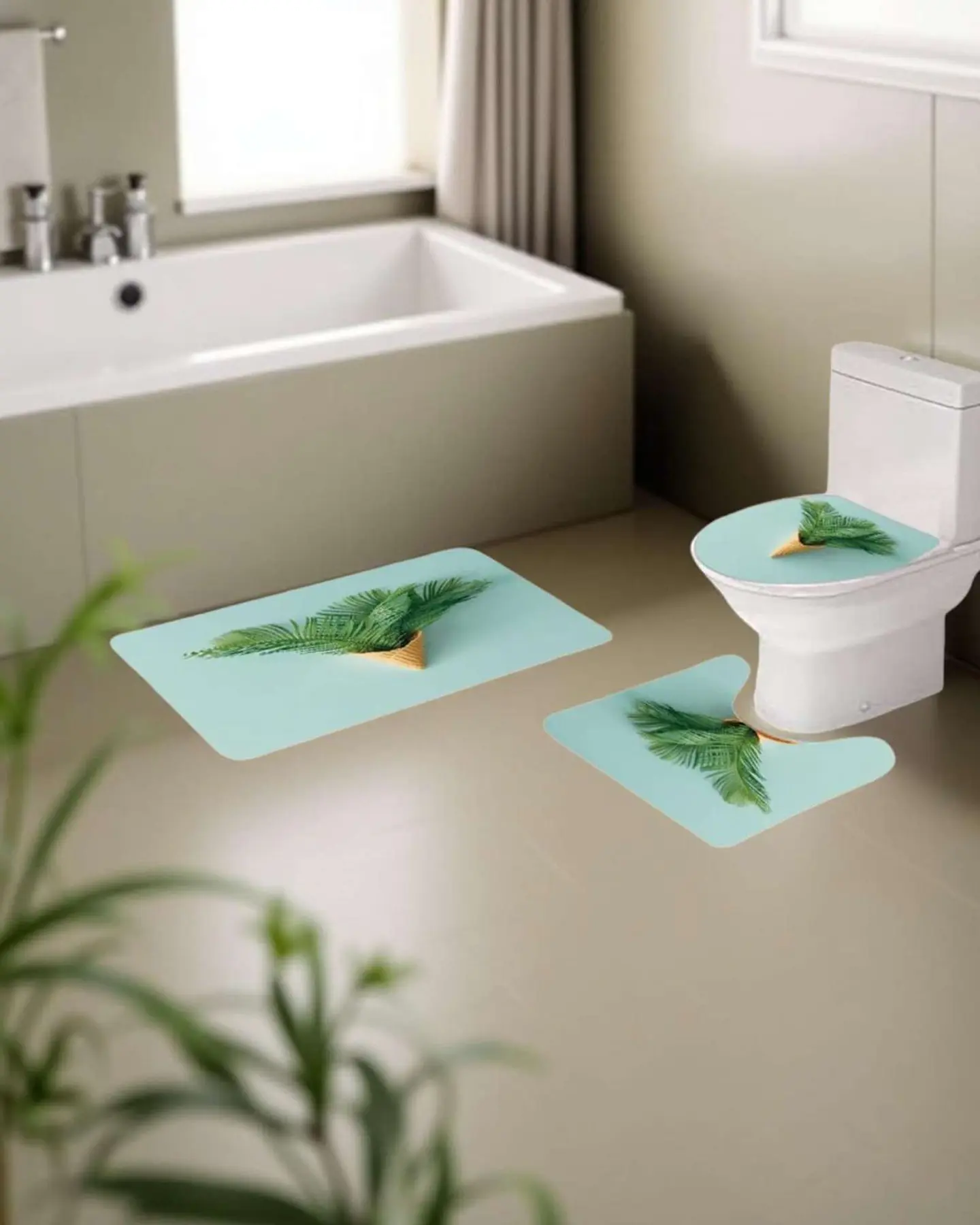 Juego 5 piezas con Cortina de baño de Tela Poliéster y  Forro de Ducha de Plástico 3