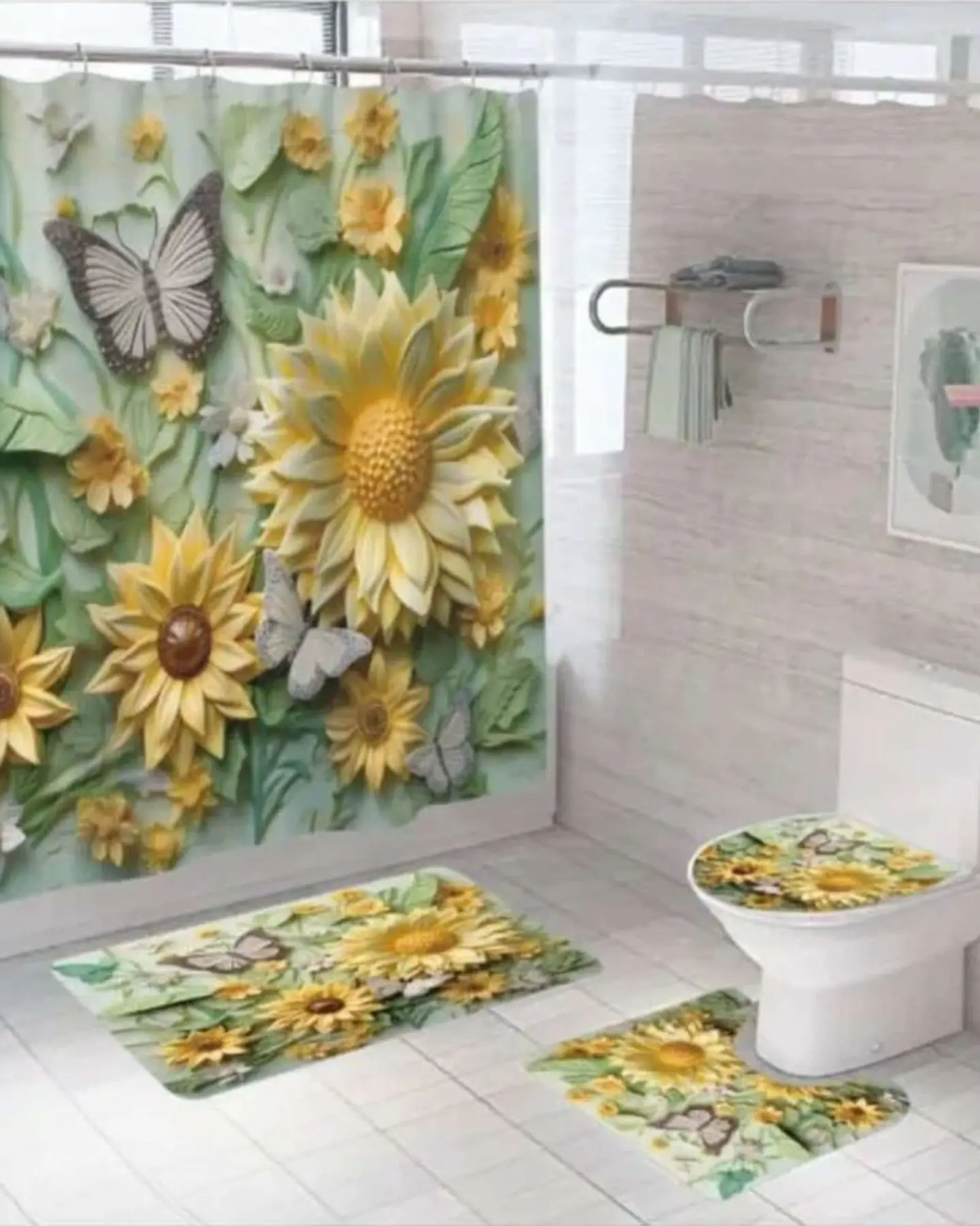 Juego 5 piezas con Cortina de baño de Tela Poliéster y  Forro de Ducha de Plástico 1