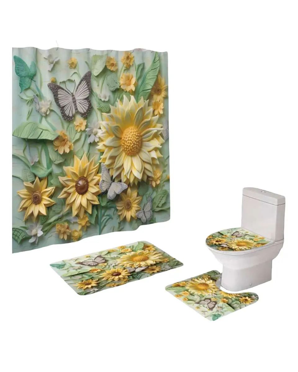 Juego 5 piezas con Cortina de baño de Tela Poliéster y  Forro de Ducha de Plástico 3